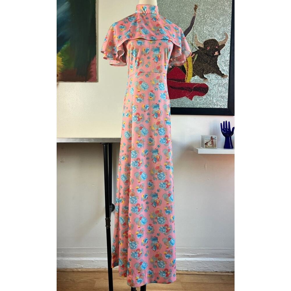 Vintage 70s Floral Cape Sleeve Maxi Dress | Pink Hostess Gown | Prairie Boho | M - Picture 2 of 13